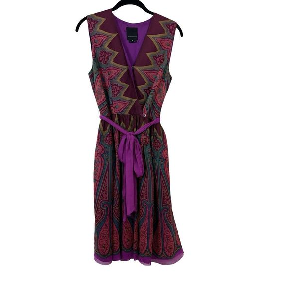 Anna Sui Anthropologie 100% Silk Printed Wrap Boho V Neck Pink Red Dress Size 8 - Picture 2 of 14